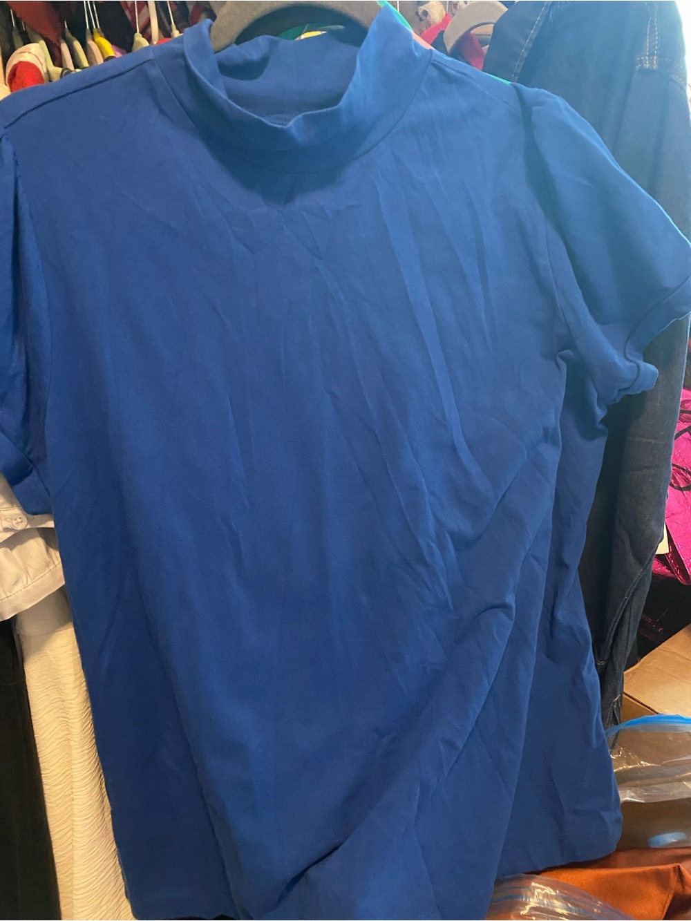 Vintage Fashion Bug Blue Short Sleeve Mock Neck Shirt